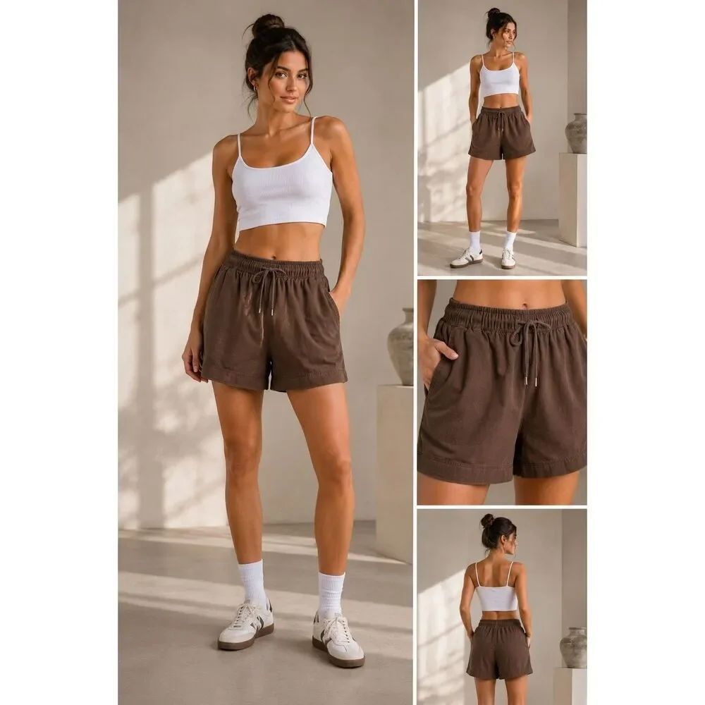 Coral Bay Brown Drawstring Elastic Waist Casual Shorts Size L Cotton Blend